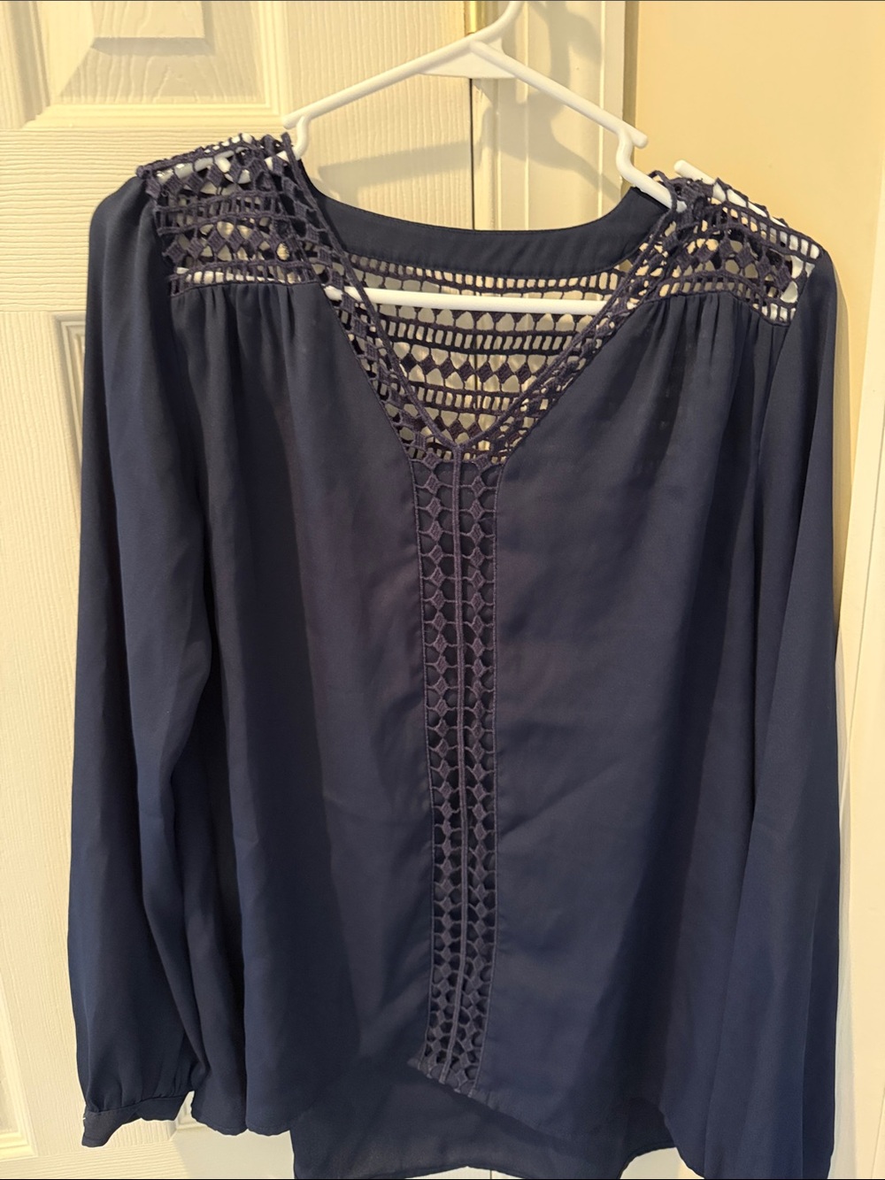 White House Black Market Navy Crochet-Detail Long Sleeve Blouse